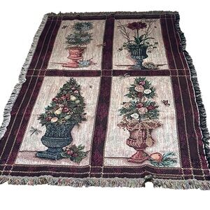 Goodwin Weavers Fringed Tapestry Throw Blanket Cotton Floral Motif 42” x 60”